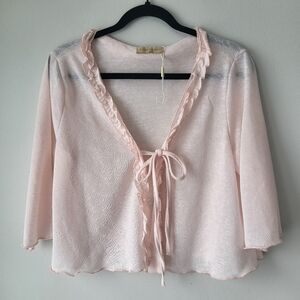 Kate Kasin Sheer Ruffle Tie-Front Top in Pale Pink Sz XL